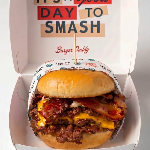 A Burger Daddy smash burger with bacon and cheese in a branded box with "IT'S A Good DAY TO SMASH".