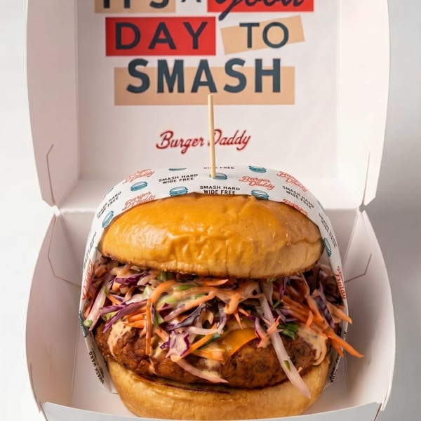 A Burger Daddy smash burger with coleslaw and cheese in a branded takeout box.