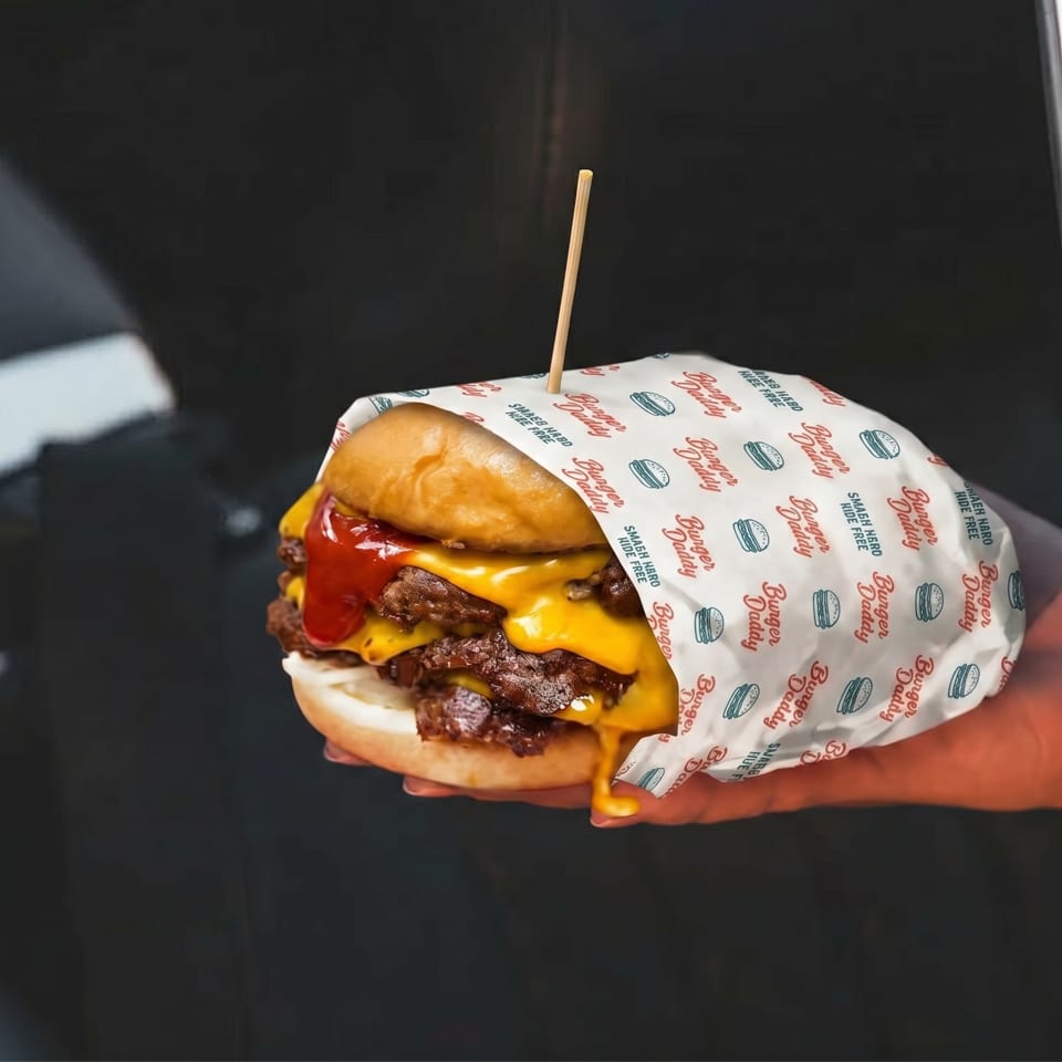 A hand holds a Burger Daddy double cheeseburger wrapped in branded paper with melted cheese and ketchup.