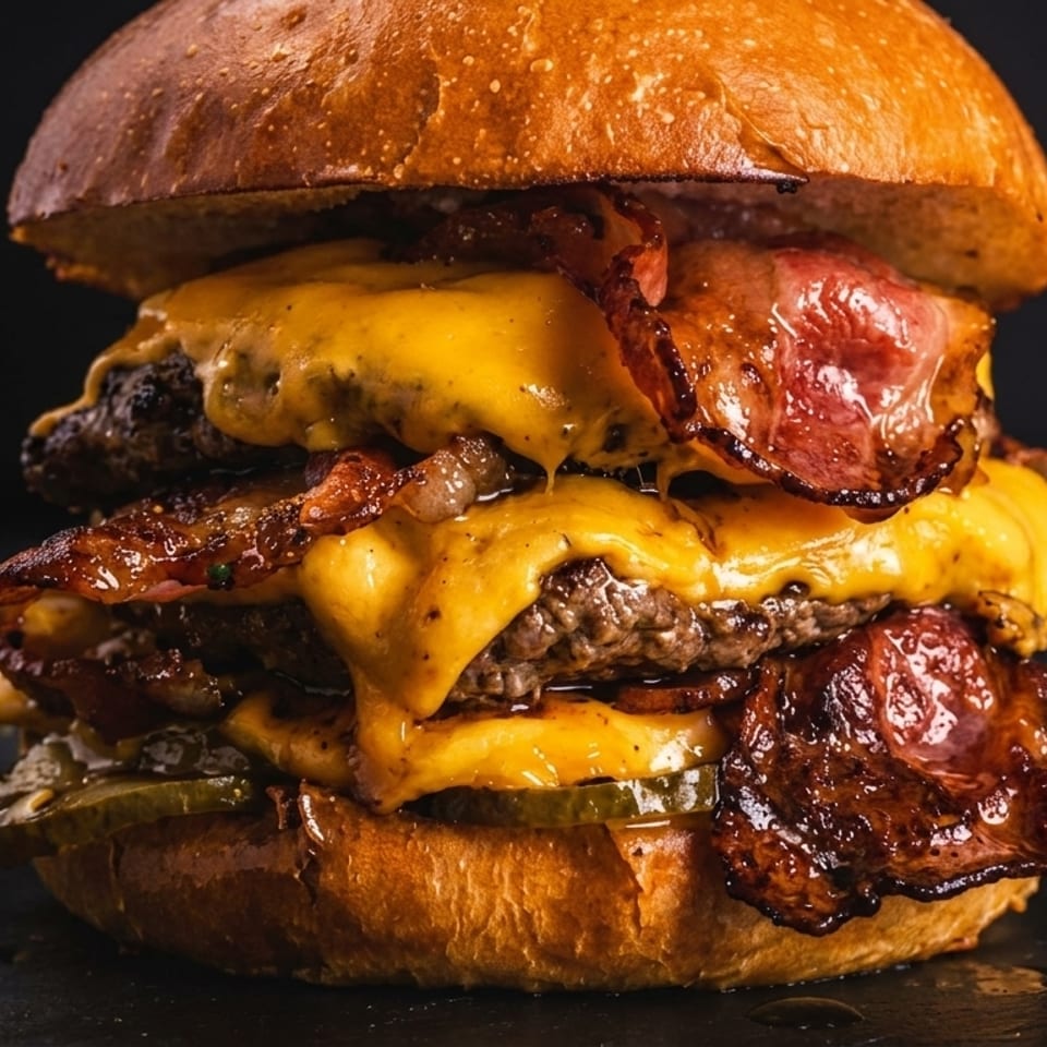 A towering double bacon cheeseburger with melted cheese, crispy bacon, and pickles on a brioche bun.