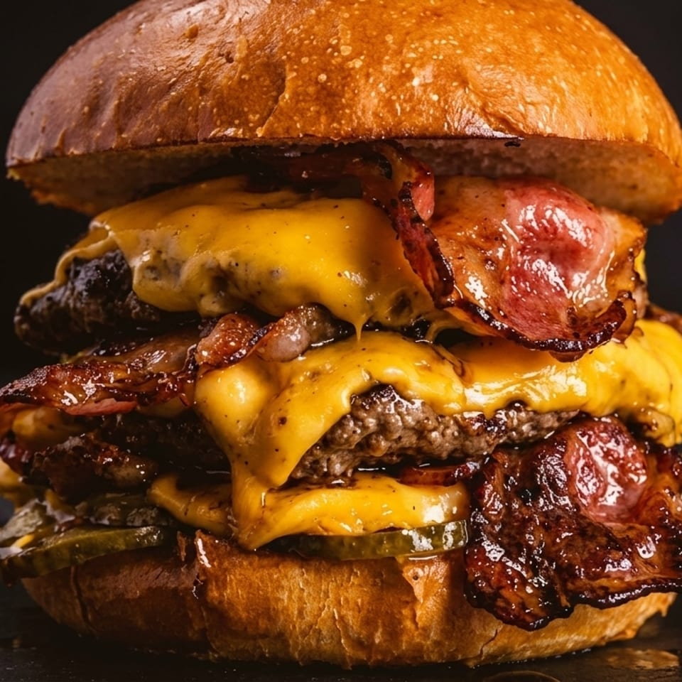 Close-up of a double cheeseburger with melted cheese, crispy bacon, and pickles on a brioche bun.