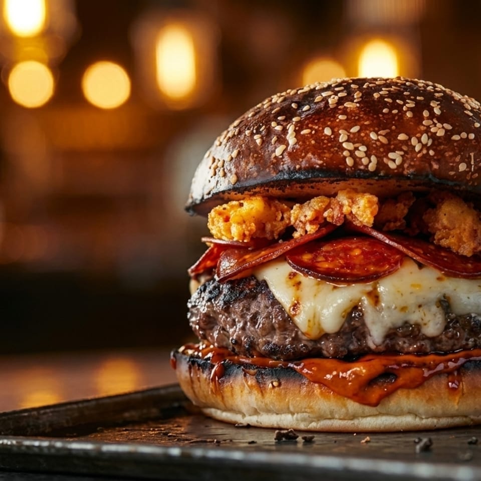 A gourmet burger with melted cheese, pepperoni, and crispy toppings on a sesame bun.