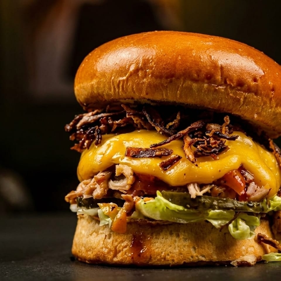 A close-up of a gourmet burger with melted cheese, pulled pork, crispy onions, lettuce, and pickles.