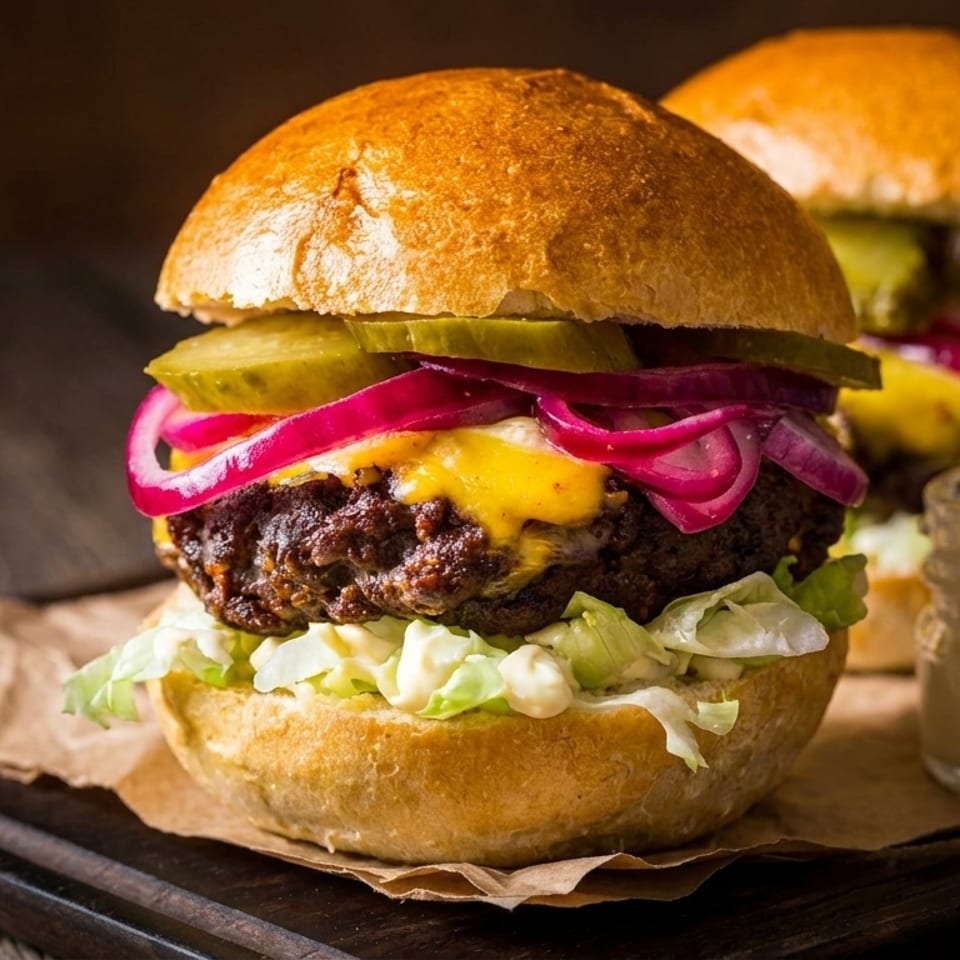 Two gourmet cheeseburgers with pickles, red onions, lettuce, and sauce on a wooden board.